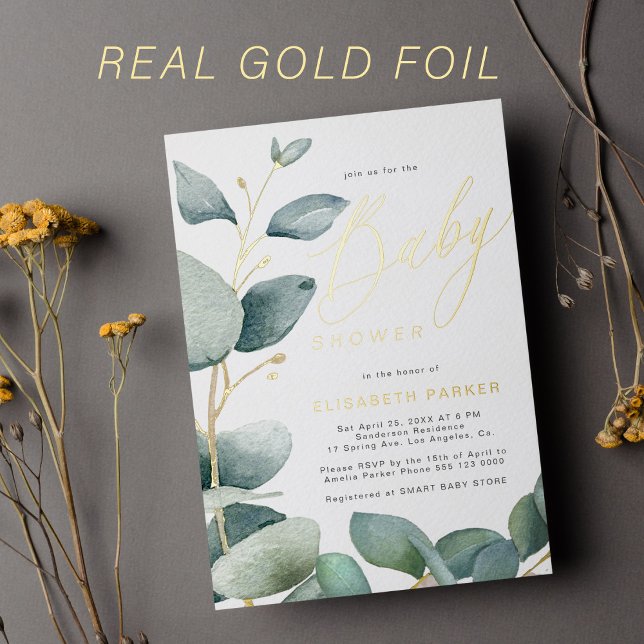 Elegante Aquarellendusche Gold Babydusche Folieneinladung (Von Creator hochgeladen)