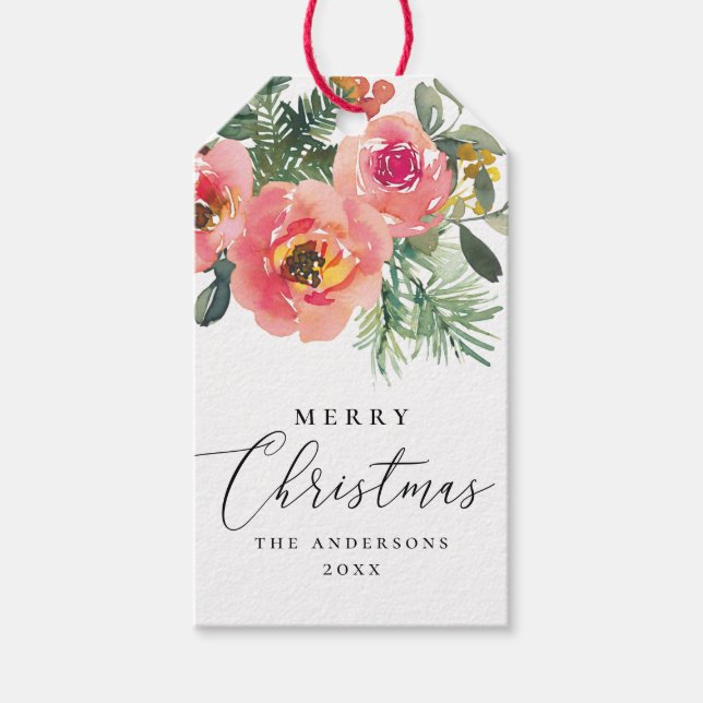 Elegante Aquarellfarbe Rosa Bläserndes Frohe Weihn Geschenkanhänger (Vorderseite)