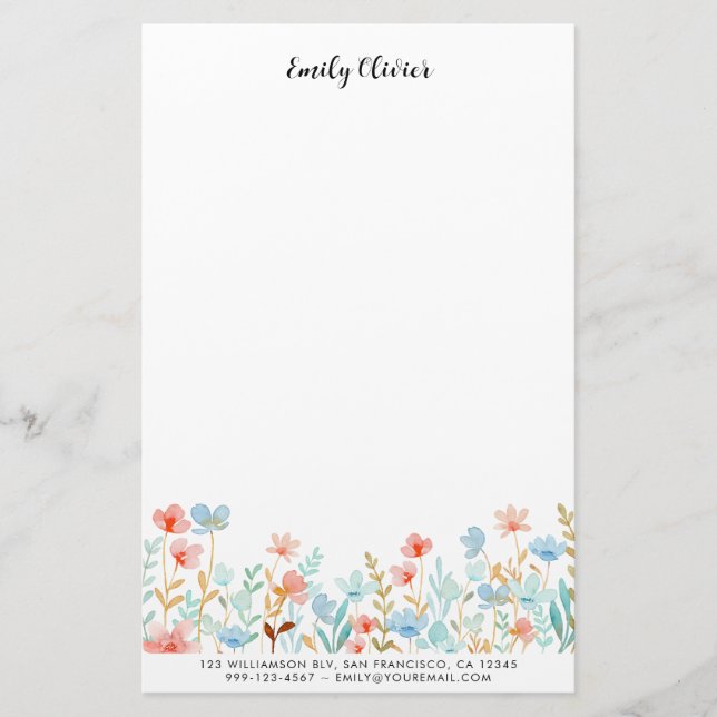 Elegante Aquarellfarben-Blume Anpassen von Text Briefpapier (Vorderseite)