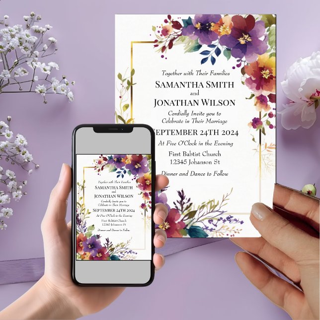 Elegante Aquarellfarben Blume Goldrahmen Hochzeit Einladung (Von Creator hochgeladen)