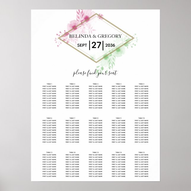 Elegante Aquarellfarben-Blume Hochzeitsdiagramm Poster (Vorne)