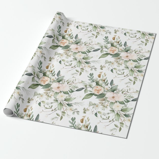 Elegante Aquarellfarben Blume und Grünpflanzen Geschenkpapier (Ungerollt)