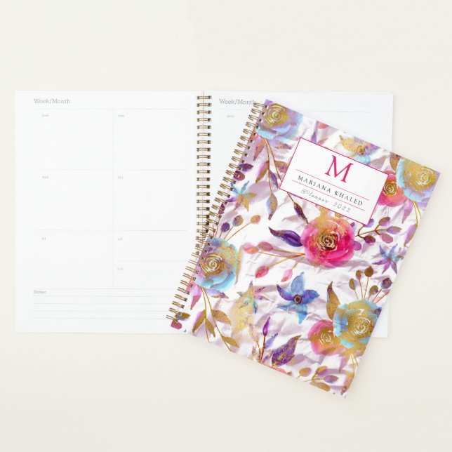 Elegante Aquarellfarben Blumen Rosa und Weiß Planer (Anzeige)