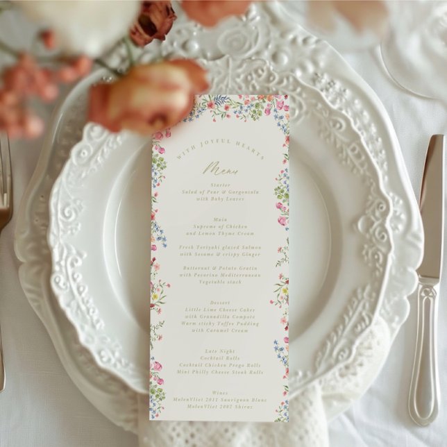 Elegante Aquarellfarben Blütenfrühlingshochzeit Menükarte (Von Creator hochgeladen)