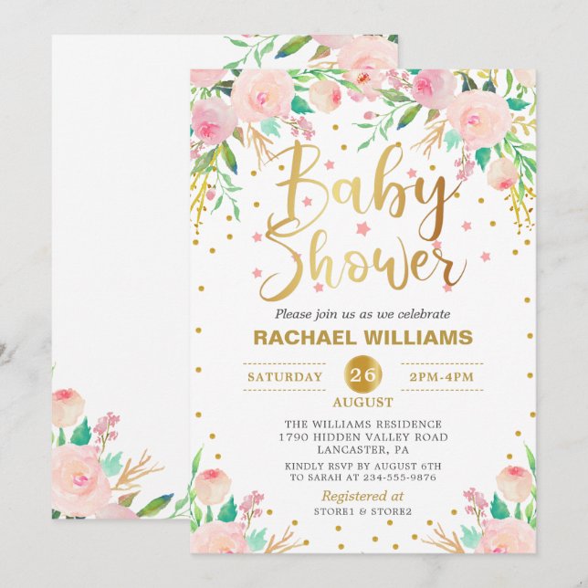 Elegante Aquarellfarben Blütenpink & Gold Baby Dus Einladung (Vorne/Hinten)