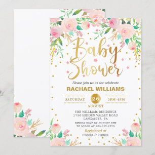 Elegante Aquarellfarben Blütenpink & Gold Baby Dus Einladung