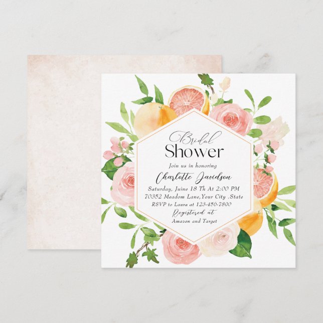 Elegante Aquarellfarben Citrus Pink Blume Bridal S Einladung (Vorne/Hinten)