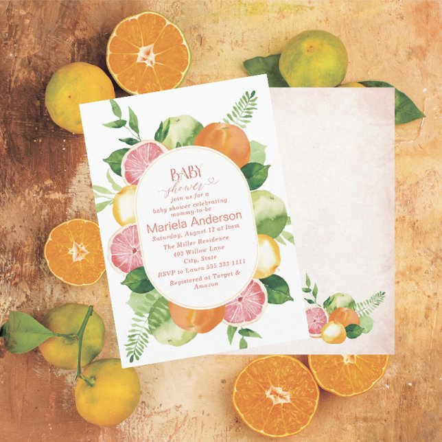 Elegante Aquarellfarben Citrus Pink Blume Kindersh Einladung (Von Creator hochgeladen)