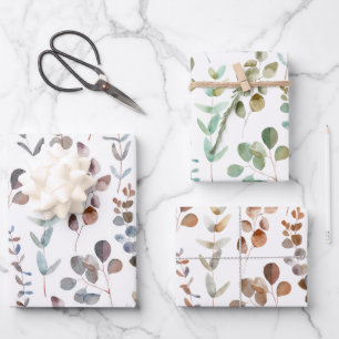 Elegante Aquarellfarben Eukalyptus-Blätter Geschenkpapier Set
