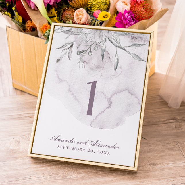 Elegante Aquarellfarben lila Blumenhochzeit Tischnummer (Von Creator hochgeladen)