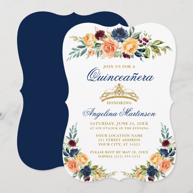 Elegante Aquarellfarben Mixed Floral Blue Quincean Einladung (Vorne/Hinten)
