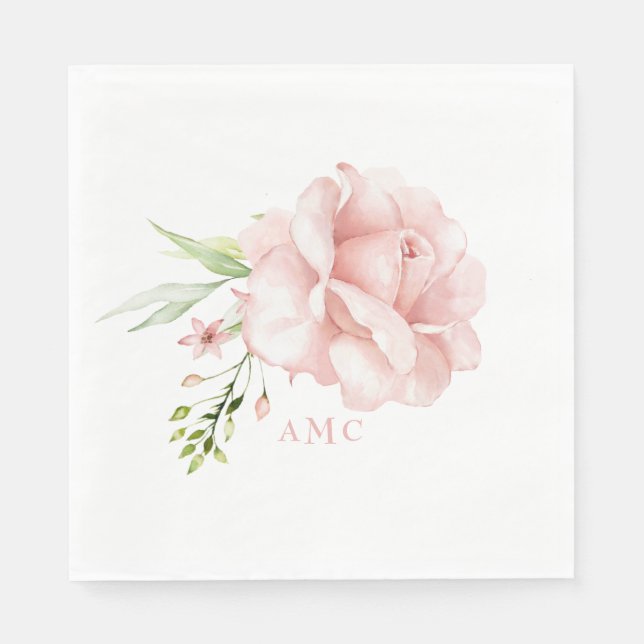 Elegante Aquarellfarben Monogram Pink Floral Lunch Serviette (Vorderseite)