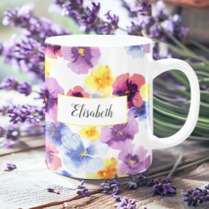 Elegante Aquarellfarben Pansy Hand-Illustrierte Bl Kaffeetasse