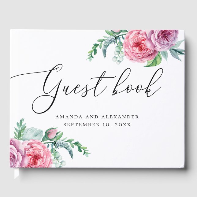Elegante Aquarellfarben Rosa-Boho Blumenschrift Ho Gästebuch (Vorderseite)