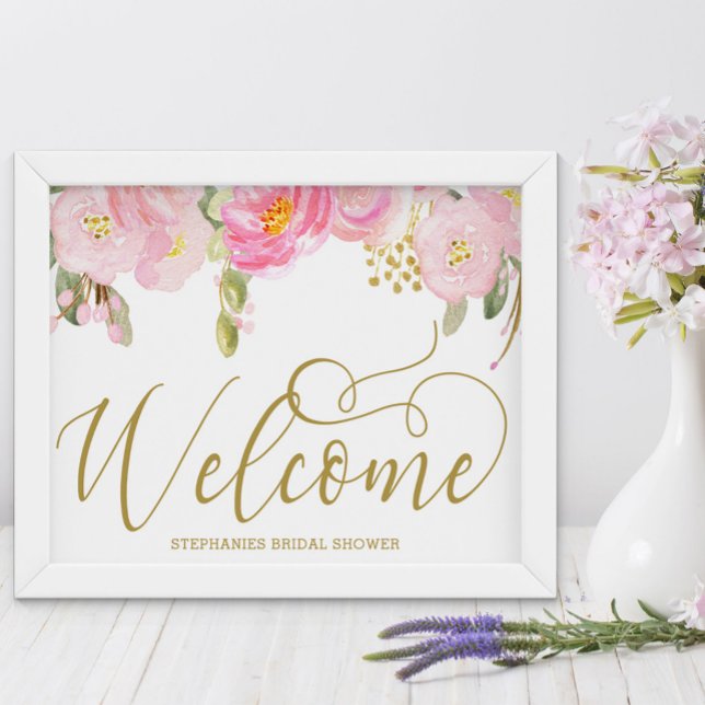 Elegante Aquarellfarben Rosa Gold Willkommenszeich Poster (Welcome Sign from my Pink and Gold Watercolor Floral Collection)