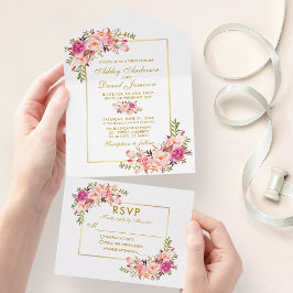 Elegante Aquarellfarben Rosa Rosa Rosa Gold All In One Einladung