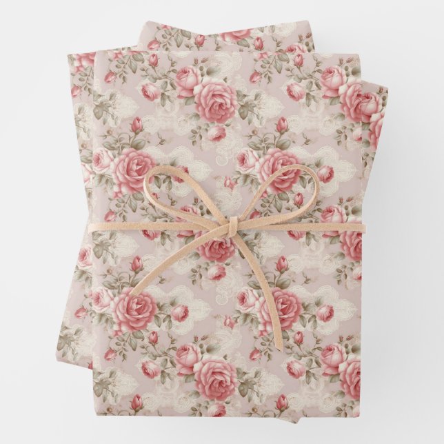 Elegante Aquarellfarben rosa Rosen und Spitze Geschenkpapier Set (Beispiel)