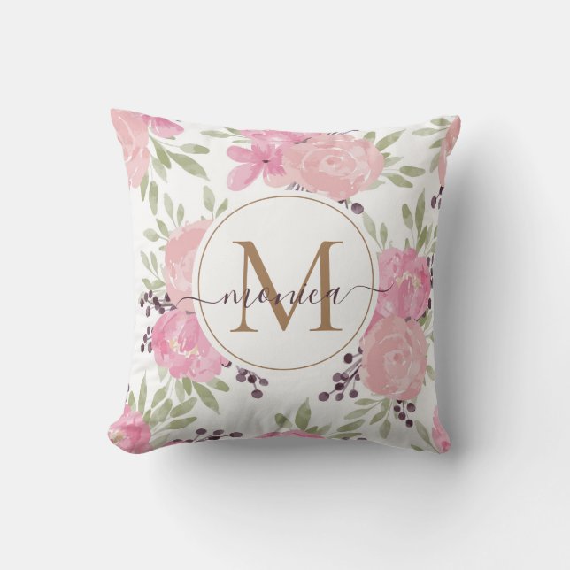 Elegante Aquarellfarben Rose Blumengold Mit Monogr Kissen (Vorderseite)
