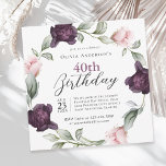 Elegante Aquarellfarben-Rose Blumenmuster 40. Gebu Einladung<br><div class="desc">Eine weiche, luxuriöse Party Einladung aus dem 40. Jahrhundert, in der der Schwerpunkt auf einem Kranz aus zarten Aquarellfarben liegt, die in sanften, rosa Farbtönen gestrichen sind, und Pflaumenblättern, die mit weitem Grün verwoben sind. Diese Blumenelemente bilden eine romantische und elegante Touch. Das Textlayout verbindet elegante Serifen mit modernen Schriftart...</div>