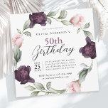 Elegante Aquarellfarben Rose Blumenmuster 50. Gebu Einladung<br><div class="desc">Eine sanfte, luxuriöse 50. Geburtstagsfeier, in der sich der Schwerpunkt auf einem Kranz mit zarten Aquarellfarben-Rose, die in sanften Rosatinken und satten Pflaumenblättern in zarten, weitläufigen Grünpflanzen gemalt sind. Diese Blumenelemente bilden eine romantische und elegante Touch. Das Textlayout verbindet elegante Serifen mit modernen Schriftart und ist ansprechend und elegant. Dieses...</div>