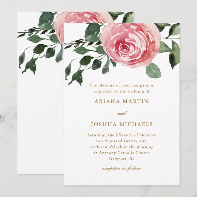 Elegante Aquarellfarben Rose Einladung Hochzeit (Vorne/Hinten)