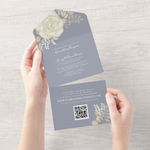 Elegante Aquarellfarben-Rose Elfenbeinfolie QR-Cod All In One Einladung