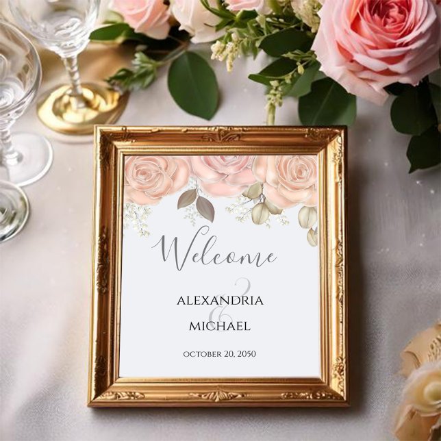 Elegante Aquarellfarben Rose Goldene Blätter Poster (Blush pink and light blue wedding welcome sign)