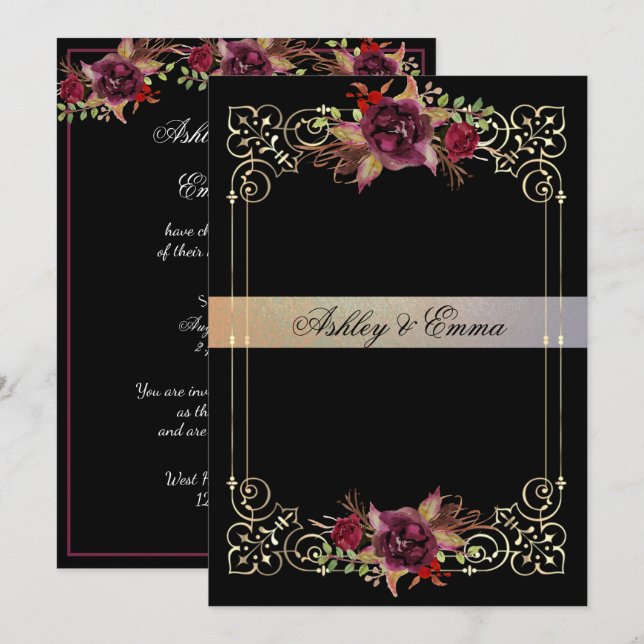 Elegante Aquarellfarben Rose Goldrahmen Hochzeit Einladung (Vorne/Hinten)