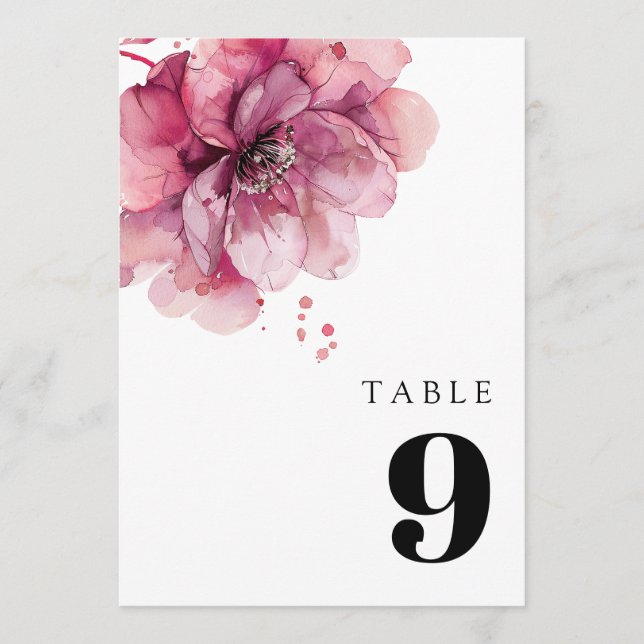 Elegante Aquarellfarben Rose Tischnummer (Vorderseite)