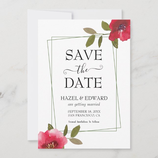 Elegante Aquarellfarben Rote Rose Save the Date fl Einladung (Vorderseite)