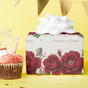 Elegante Aquarellfarben Rote Rosen mit Goldenem Gl Geschenkpapier