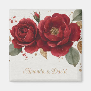 Elegante Aquarellfarben Rote Rosen mit Goldenem Gl Magnet