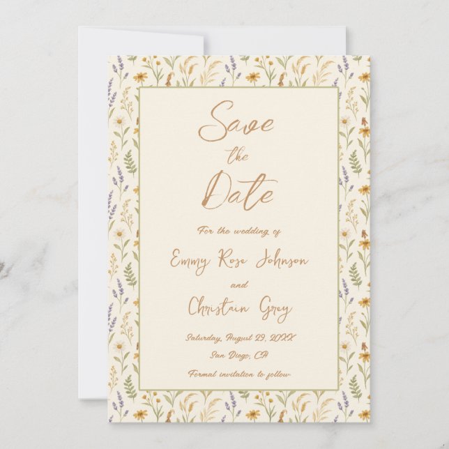 Elegante Aquarellfarben Wildblume Foto Hochzeit Save The Date (Vorderseite)