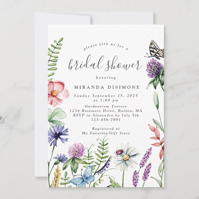 Elegante Aquarellfarben Wildblumen Rahmen Brautpar Einladung (Vorderseite)