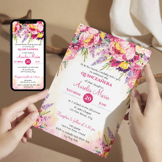 Elegante Aquarellfarbene Blume Quinceañera Einladung