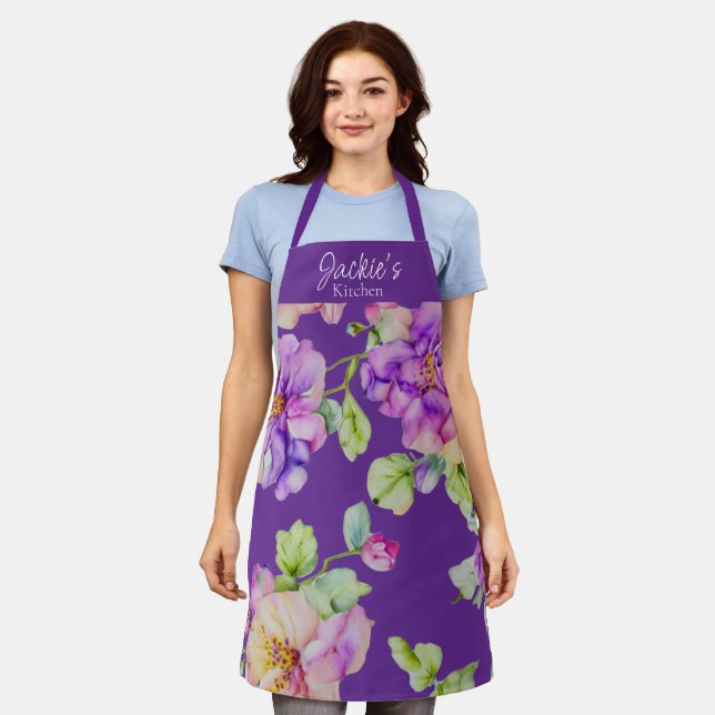 Elegante Aquarellfloralen personalisieren den Name Schürze (Getragen)