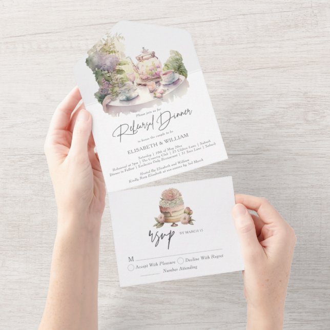 Elegante Aquarellgarten Probe Abendessen All In One Einladung (Abreißen)