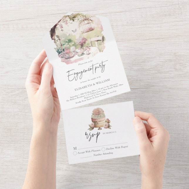 Elegante Aquarellgarten Verlobung All In One Einladung (Abreißen)