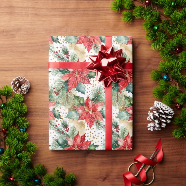 Elegante Aquarellgold Rote Poinsettia Weihnachten Geschenkpapier (Feiertagsgeschenk)