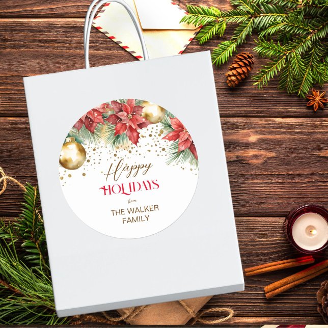 Elegante Aquarellgold Rote Poinsettia Weihnachten Runder Aufkleber (Happy Holidays watercolor elegant poinsettia gold baubles sprinkles gift stickers)