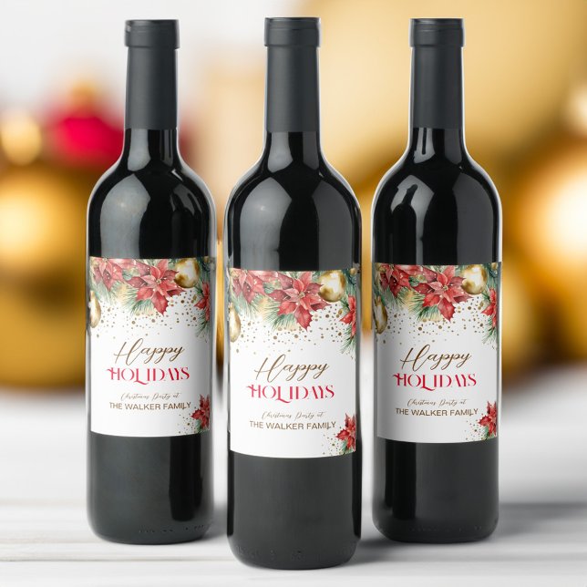 Elegante Aquarellgold Rote Poinsettia Weihnachten Weinetikett (Elegant watercolor gold red poinsettia Christmas party personalized Wine Label pines gold baubles)