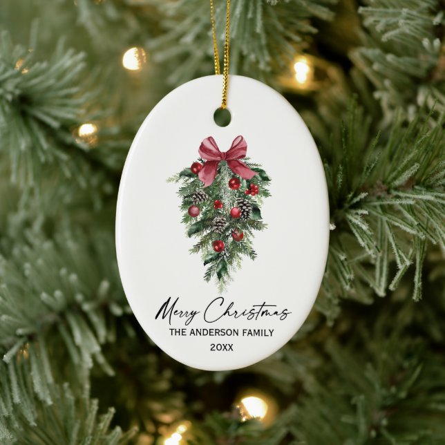 Elegante Aquarellkiefern Kalligraphie Weihnachten Keramik Ornament (Baum)