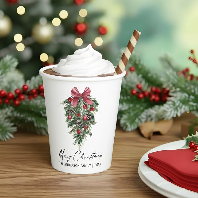 Elegante Aquarellkiefern Kalligraphie Weihnachten Pappbecher (Customize to change your personalized text size or text style.)