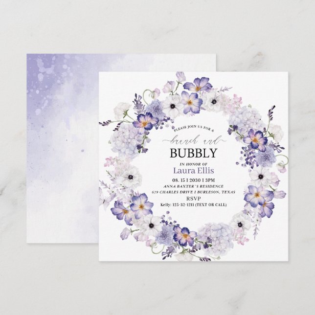 Elegante Aquarelllik-Blume Brunch und Bubb Einladung (Vorne/Hinten)