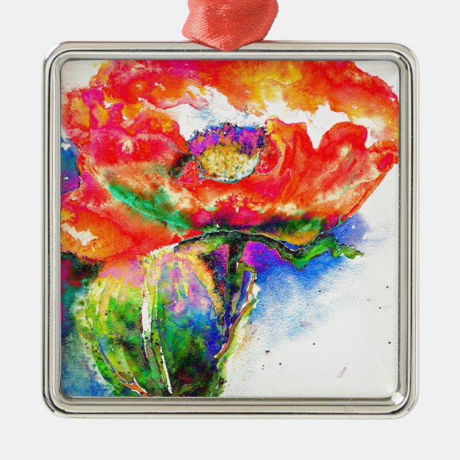 Elegante Aquarellmalerei mit rotem Blumen Ornament Aus Metall (Vorne)