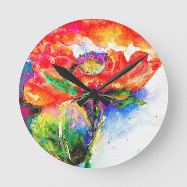 Elegante Aquarellmalerei mit rotem Blumen Runde Wanduhr (Vorderseite)