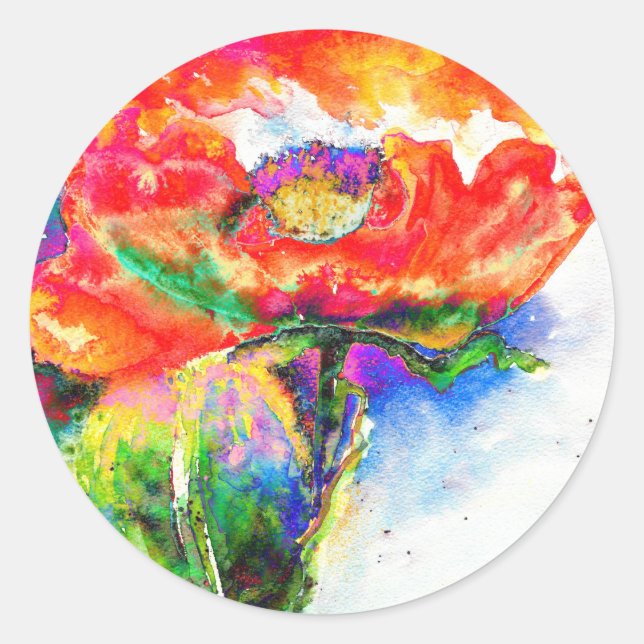 Elegante Aquarellmalerei mit rotem Blumen Runder Aufkleber (Vorderseite)