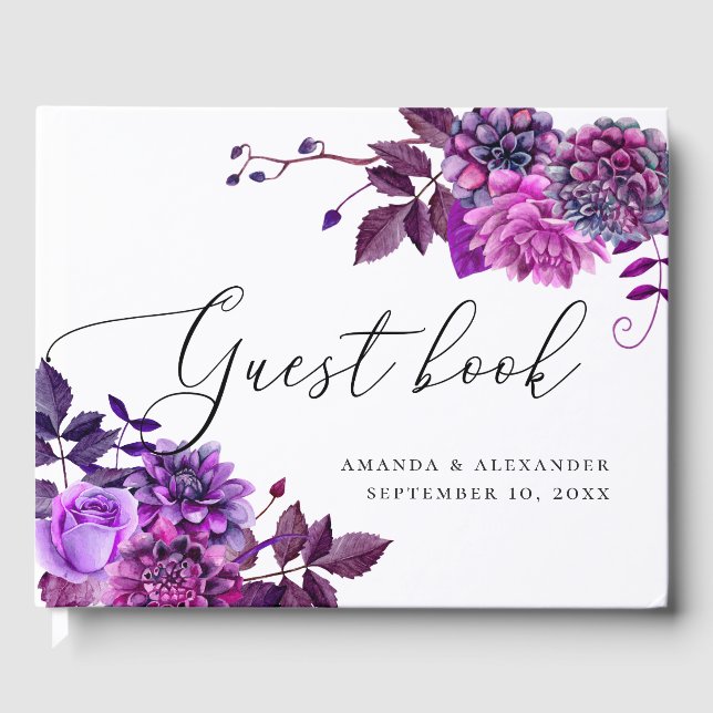 Elegante Aquarellschrift lila Blumenschrift Hochze Gästebuch (Vorderseite)