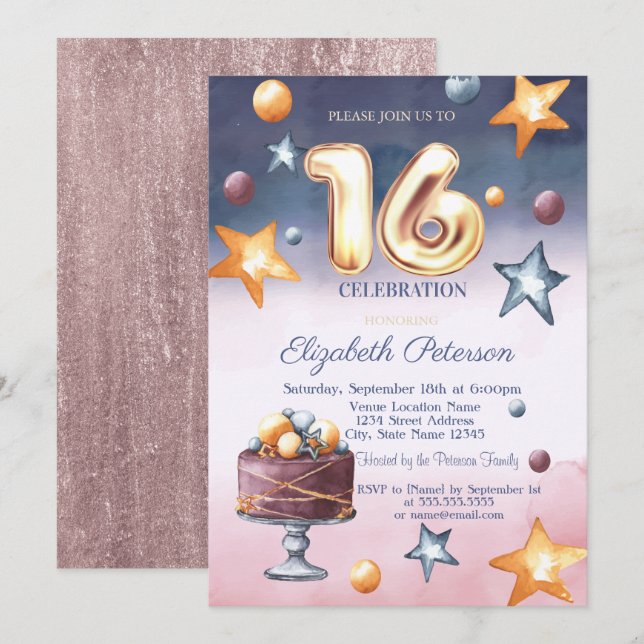 Elegante Aquarellstars Kuchen Süß 16 Einladung (Vorne/Hinten)