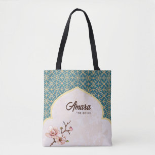 Elegante Arabesque Floral Tote Bag Aquamarin & G Tasche